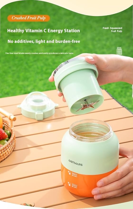 OSTMARS Portable Fruit Blender, Automatic Mini Juicer Cup, Mint Green and Yellow, 500mL Capacity