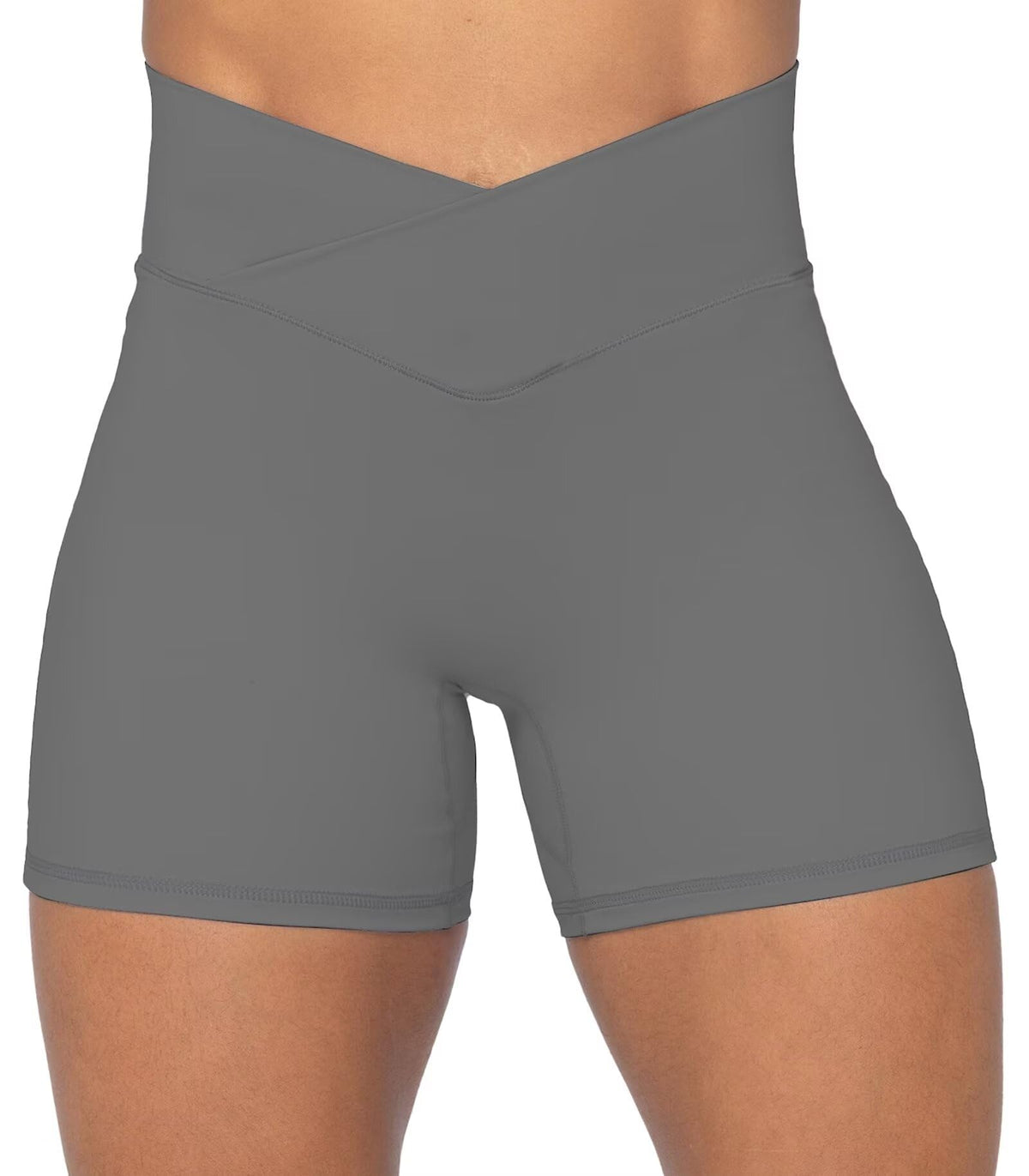 Sunzel Sunzfly Crossover Biker Shorts for Women, V Criss Cross High Waist Yoga Workout Gym Shorts with Tummy Control 4" Charcoal Gray X-Small