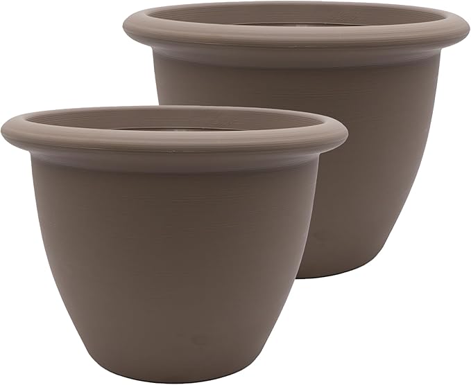 The HC Companies Sevilla Flower Planters - Outdoor & Indoor Planter - Round Self Watering Plant Pots for Herbs & More (14”, Cappuccino, Pack of 2)