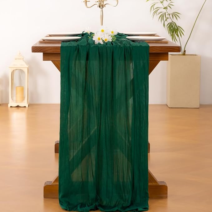 Socomi 6pcs Emerald Green Cheesecloth Table Runner Fall Thanksgiving Boho Rustic Gauze 120 inch 10FT Cheese Cloth Runner for Wedding Party Baby Shower Birthday Home Decor Holiday Decorations