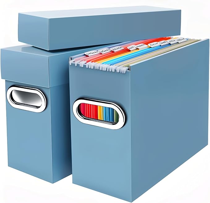 File Organizer Box with Lid & Handle, Thickened Cardboard Hanging File Folder Storage Boxes for Letter Size, Portable Filing Organizer for Office, Home, Classroom, Dusty Blue 2 Pack