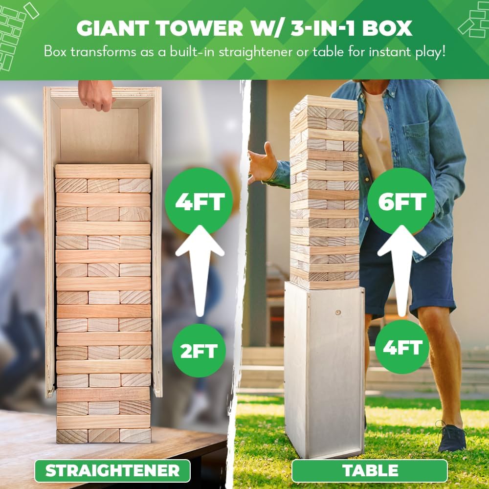 SWOOC Games® - Giant Tower Game | 3-in-1 Straightener, Table & Storage Box - Grows Up to 6ft