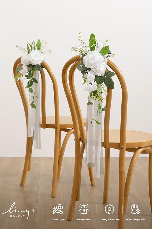 Ling's moment 8 Wedding Artificial Aisle Pew Flowers Chair Decorations Arrangements with Chiffon Ribbons Lily White for Ceremony Reception Chair Back Floral Decor Reception Church Party Outdoor