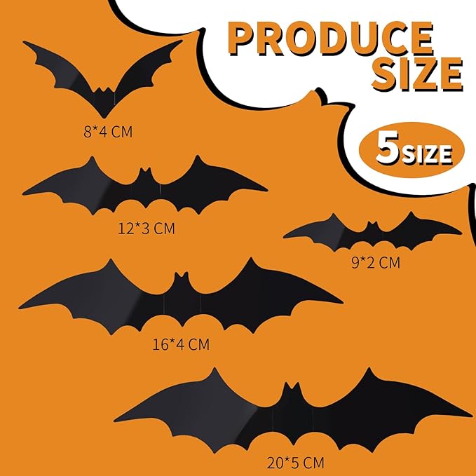 FANDAMEI 140PCS Bats Halloween Decoration, 5 Sizes Bats Wall Decor Party, 3D Bat Wall Decor for Halloween Decorations Indoor Outdoor. Black Sticky Bats Home, Bat Stickers for Window(140PCS)