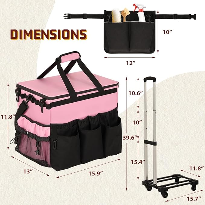 Rolling Cleaning Caddy, Cleaning Supplies Organizer with Cleaning Caddy Apron, Large Cleaning Caddy Bag with Detachable Trolley, Handles and Shoulder Strap for Cleaners Housekeepers, Pink