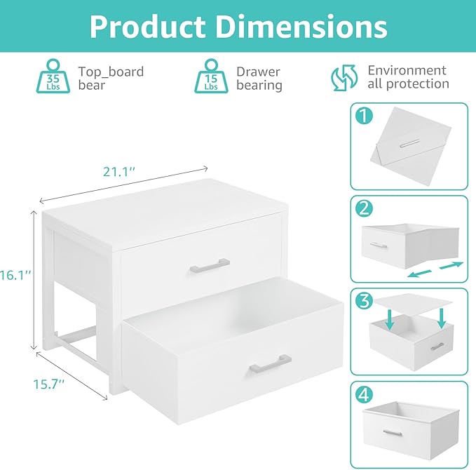 BOLUO Stackable Storage Drawers Closet Organizers and Storage Fabric White 2 Drawer Dresser for Bedroom 2 Packs Modern