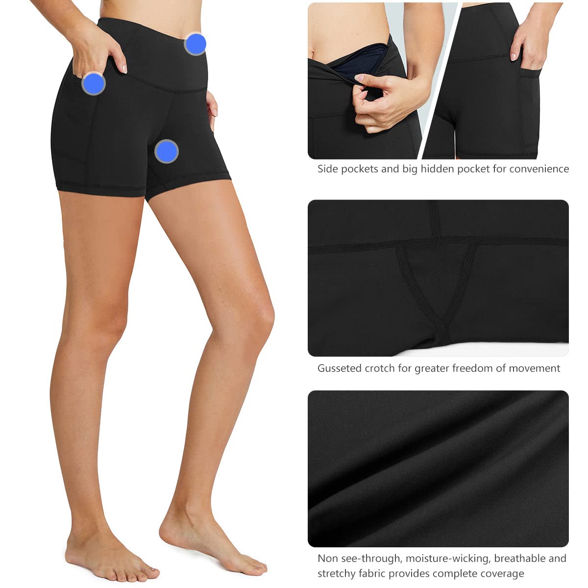 baleaf Biker Shorts for Women 5" Workout Yoga Gym Spandex Running Volleyball Compression Tummy Control Short with Pockets Black XS