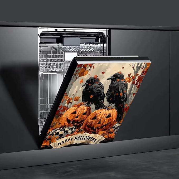Generic Crow and Pumpkin Maple Leaf Dishwasher Face Cover, Fridge Door Cover, Decorative Stickers, Happy Halloween Pattern, 23x26