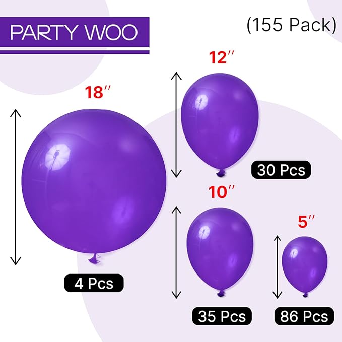 PartyWoo Dark Purple Balloons 155pcs Different Sizes of 18 12 10 5 Inch Royal Purple Balloon Arch Kit Garland for Birthday Baby Shower Graduation Anniversary Bachelorette Party Decorations Purple-Y16
