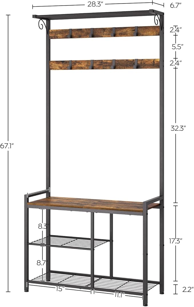 Coat Rack Shoe Bench, 4-in-1 Hall Tree with Storage Shelves and Hanging Rod, Entryway Storage Organizer with 8 Movable Hooks, for Entryway, Hallway, Corridor, Rustic Brown and Black MT12BR