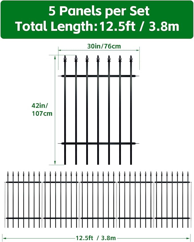 Metal Garden Fence Panels, Decorative No Dig Iron Fence for Flower Beds, Yard Border and Landscaping, Black Outdoor Fence for Plants, Pets and Small Animals, 5 Pack (42" high x 30" Wide)