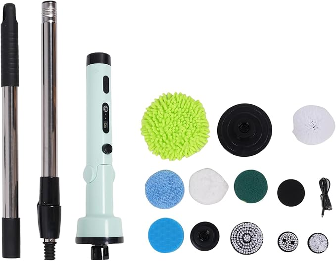 ZJchao Electric Scrubber for Cleaning, Bathroom Cleaning Supplies, Water Proof Cordless with 9pcs Brush Heads and Telescopic Handle for Floors, Bathroom, Kitchen (Green)