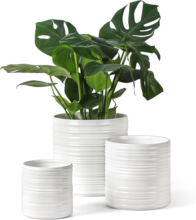 Fayoula Ceramic Planter, 10+8+6 Inch Plant Pots, Modern Striped Indoor/Outdoor Flower Pots for Succulents, Herbs, Home Office & Patio - Includes Mesh Pads & Saucer, Set of 3 ﻿