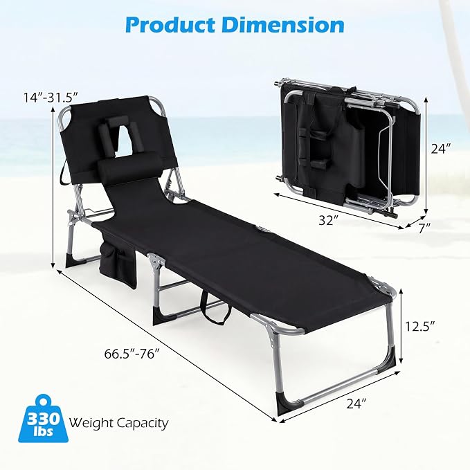 Goplus Tanning Chair, Folding Adjustable Patio Lounge Chair with Face Hole, Removable Pillow, 330LBS, Carry Strap, Outdoor Sunbathing Chair, Lightweight Portable Beach Lounge Chair, No Assembly