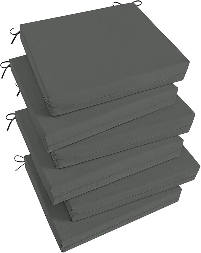 Basic Beyond Outdoor Chair Cushions Set of 6, Square Corner Outdoor Cushions for Patio Furniture, Water Resistant Patio Chair Cushions with 2 Ties, 18.5x16x3, Charcoal Grey