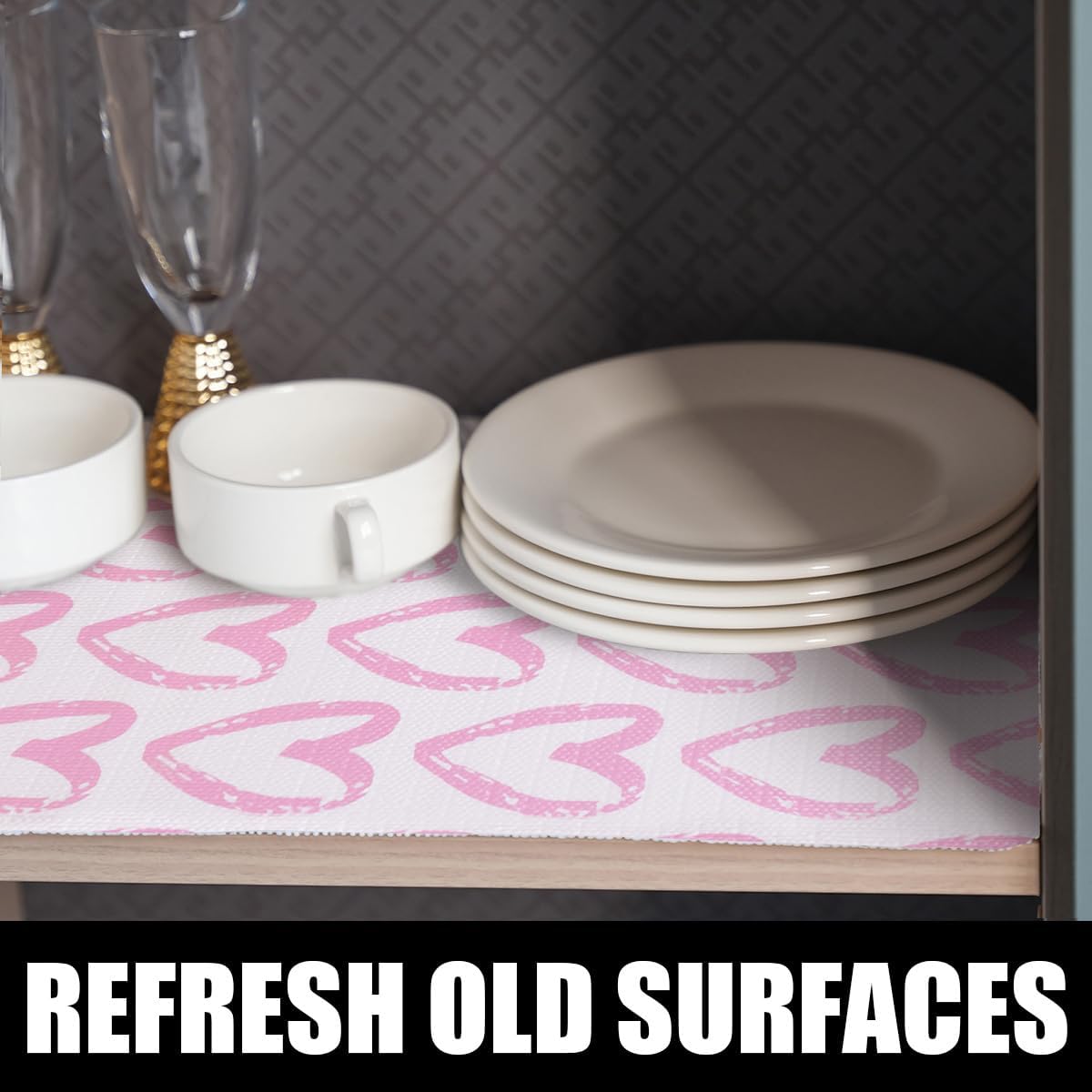 Pink Heart Shelf and Drawer Liner for Cabinets, 12IN x 20FT Non-Adhesive and Strong Non-Slip Shelf Cabinet Drawer Liners for Kitchen,Table,Bookshelves,Waterproof Cupboard Liners,Easy to Clean