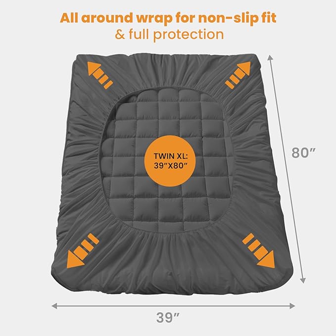 MATBEBY Twin XL Mattress Pad - Cooling Breathable Mattress Topper, Quilted Fitted Mattress Protector, Pillow Top Mattress Cover with 8-21" Deep Pocket, Machine Washable, Dark Grey, Twin Extra Long