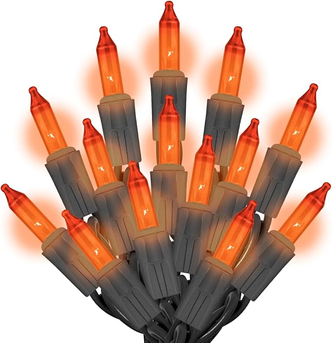 PREXTEX Incandescent Orange Christmas Lights with Black Wire - 200 Count Light Bulbs, 40ft Twinkle Lights - Connects Up to 4 Strings - Indoor/Outdoor Colored Lighting for Halloween or Any Occasion