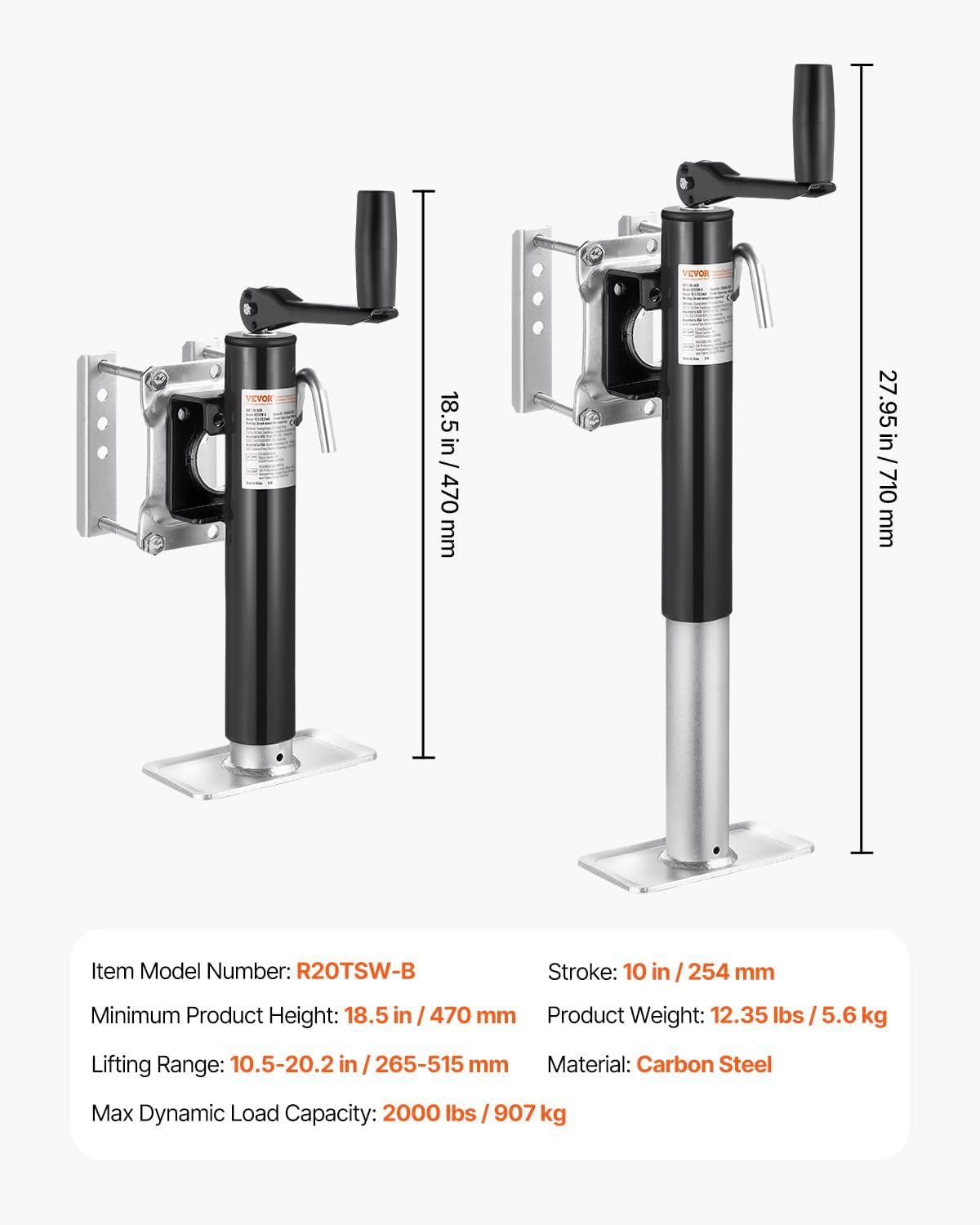 VEVOR Heavy Duty Trailer Jack - 2000 lbs Load Capacity | 10" Swivel Lift for RVs, Horse & Utility Trailers