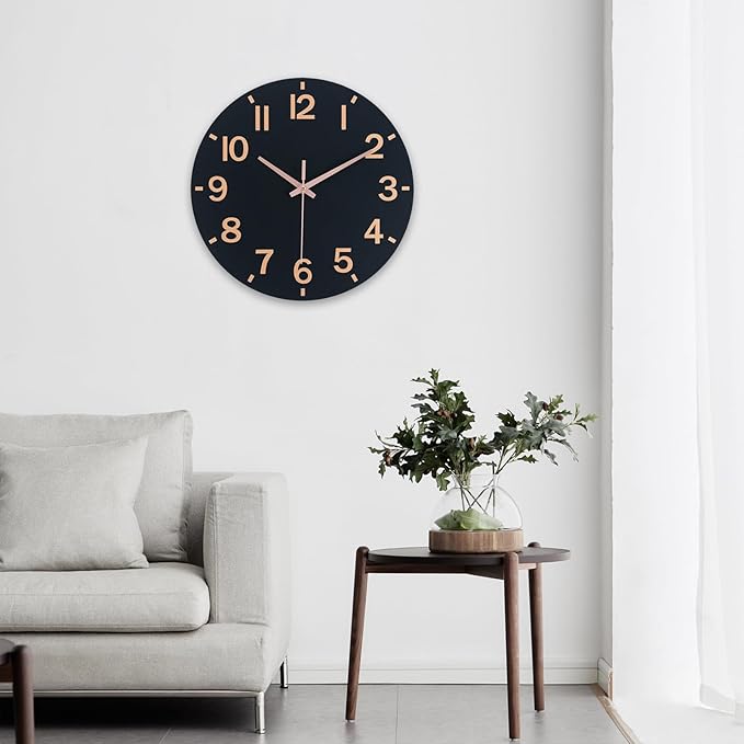 HZDHCLH Wall Clock 8 Inch Silent Non Ticking Wood Battery Operated Black Wooden
