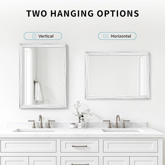 White Wood Effect Framed Wall Mirror, 24x32 Rectangle Mirror, Anti-desilvering
