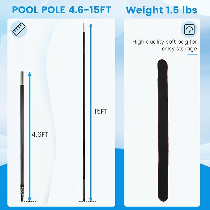Pool Pole Carbon Fiber, Premium15FT Pool Pole telescopic 4.6 to 15 FT, Adjustable 4 Piece Extendable Pool Cleaning Pole, Professional Pool Pole fit for Brushes, Vacuum, Nets, Skimmers, Rakes