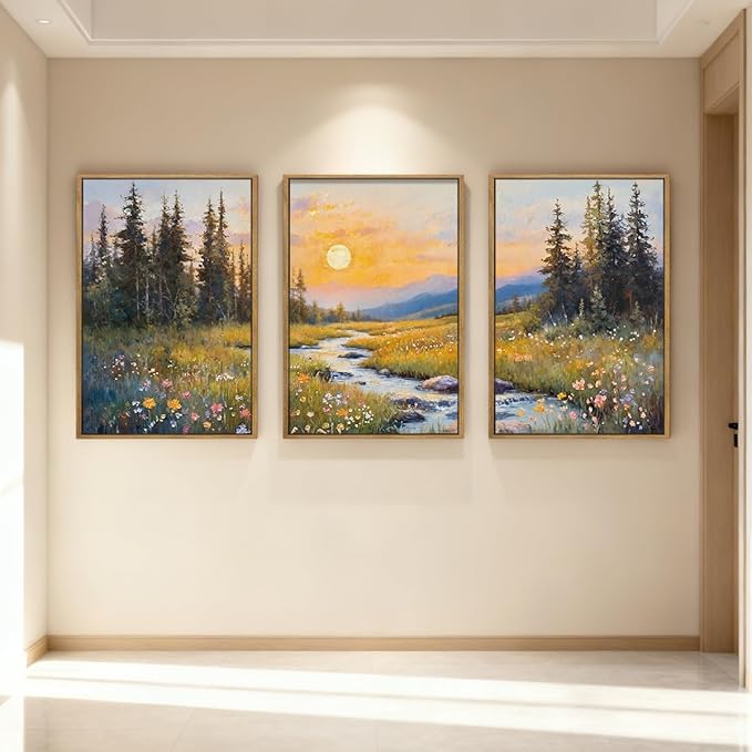 IARTTOP Large Mountain Wall Art Framed 16x24 Inch Abstract Forest Landscape Canvas Wall Decor Nature Scenery Wildflower Botanical Artwork for Living Room Bedroom Set of 3
