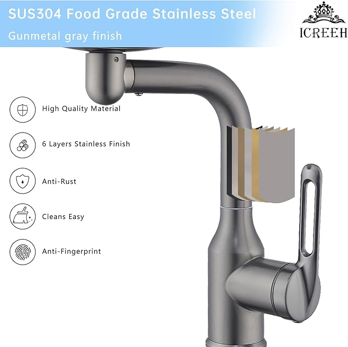 Bathroom Sink Faucet 1 Hole, Gunmetal Grey Multifunctional Basin Faucet with 4 Water Outlet Modes, Modern 360°Rotatable Bar Tap with Two Water Supply Pipes