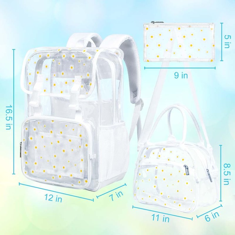 FTJCF 3PCS Clear Backpack, Heavy Duty Transparent Bookbag for Girls Women, Stadium Approved See Through Backpack Set (White Daisy)
