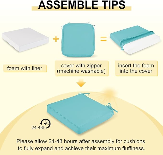 downluxe Waterproof Outdoor Chair Cushions Set of 4, 19" x 19" x 3" Patio Chair Cushion with Non-Slip Ties & Handle, Square Outdoor Cushion for Patio Furniture with Removable Cover, Teal