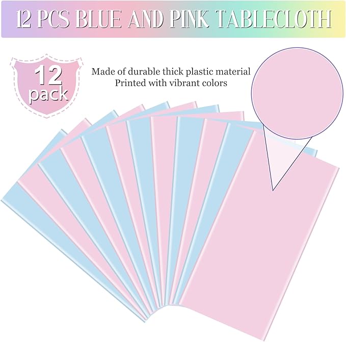 MASHAN 12Pack Gender Reveal Tablecloths, Disposable Plastic Pink and Blue Tablecloth, Rectangle Table Covers for Boy or Girl Baby Shower Party Decorations,54×108 Inch