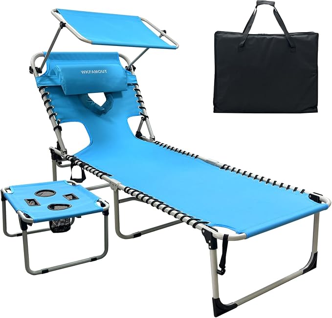 Outdoor Tanning Chair with Sun Canopy Shade & Face Hole, Folding Lounge Chair with Beach Table and Carry Bag for Poolside Sunbathing Lawn