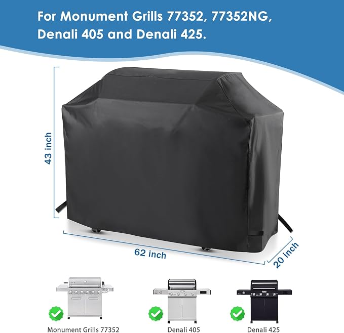 Grill Cover for Monument Grills 77352, 77352NG, Denali 405, Denali 425, 62 Inch Heavy Duty & Waterproof, Outdoor Barbecue Cover
