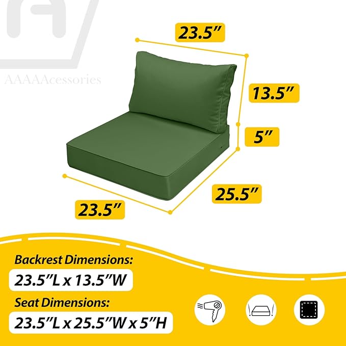 AAAAAcessories Outdoor Seat Cushions for Chairs, Fade-Resistant, Waterproof Patio Furniture Replacement Cushions, 23.5" x 25.5" x 5" + 23.5" x 13.5", Dark Moss Green
