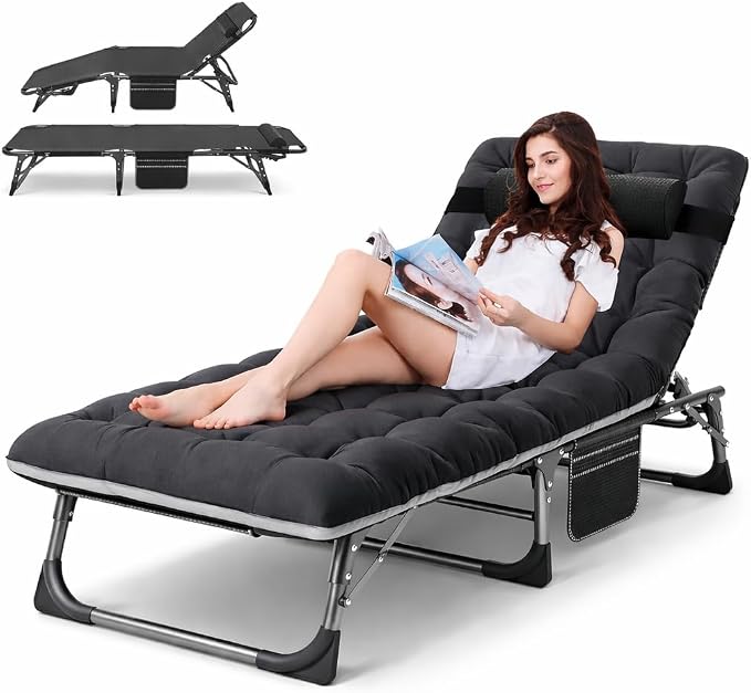 ABORON Tanning Chair, 5-Position Padded Folding Chaise Lounge | 5-position folding chaise lounge supports 500 lb and has a removable cushion and pillow for sunbathing, poolside or patio.