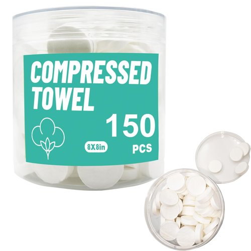 Compressed Towels 150 Packs - Expand in Seconds! Portable Face Towels for Travel, Camping, Gym & Makeup Removal - Reusable, Ultra Absorbent Cotton Washcloths (8x8in)