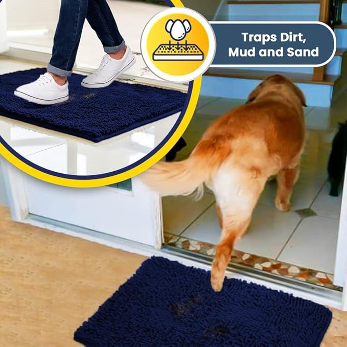 Muddy Mat® | Super Water Absorbent Door Mat Indoor, Microfiber Quick Dry Chenille Entryway Rug, Slip Resistant Front Door Mat, Indoor Mats for Entryway, Machine Washable Pet Rug, Navy Blue 24" x 40"