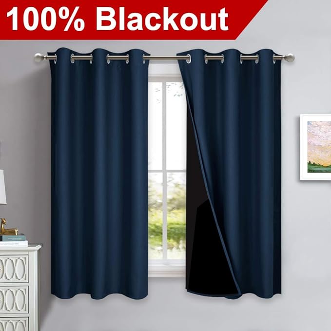 NICETOWN 100% Blackout Short Curtain Panels, Thermal Insulated Black Liner