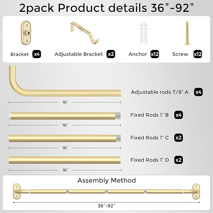 2 Pack Curtain Rods 36-88 Inch, 1 Inch Adjustable Heavy Duty Room Darkening