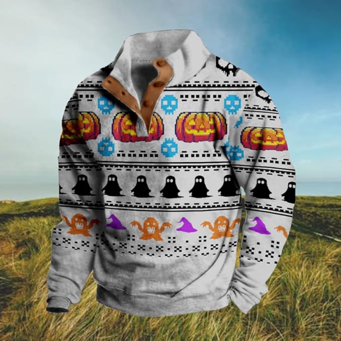 Mens Western Halloween Hoodie Button Up Henley Shirt Cowboys Sweatshirt Men Graphic Long Sleeve Pullover Tops