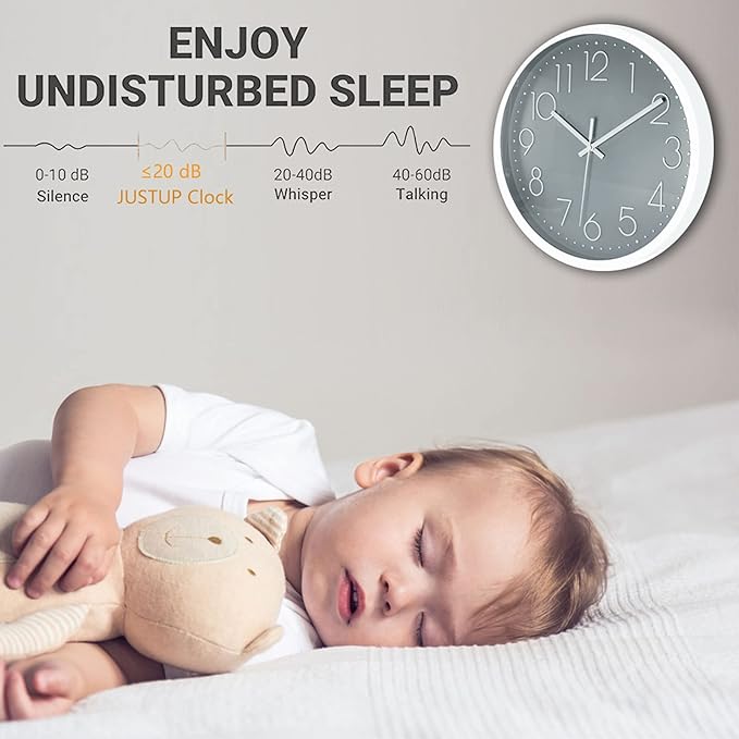 JUSTUP 12in Non-Ticking Wall Clock, Silent Battery Operated Wall Clock