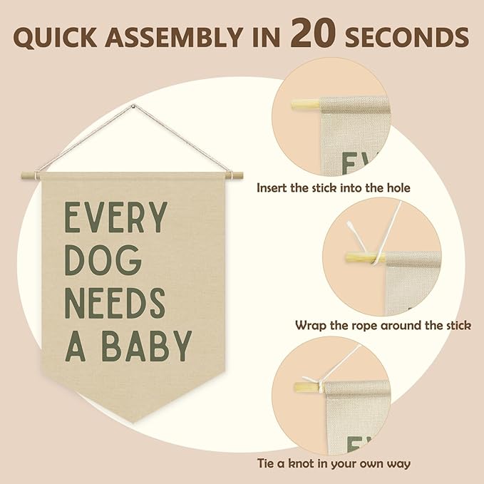 Every Dog Needs a Baby Linen Canvas Banner, Baby Shower Decor, Pregnancy Announcement Babe Gender Reveal Shower Wall Hanging Pennant Flag Banner for Newborn Room Bedroom Playroom, 15x11in