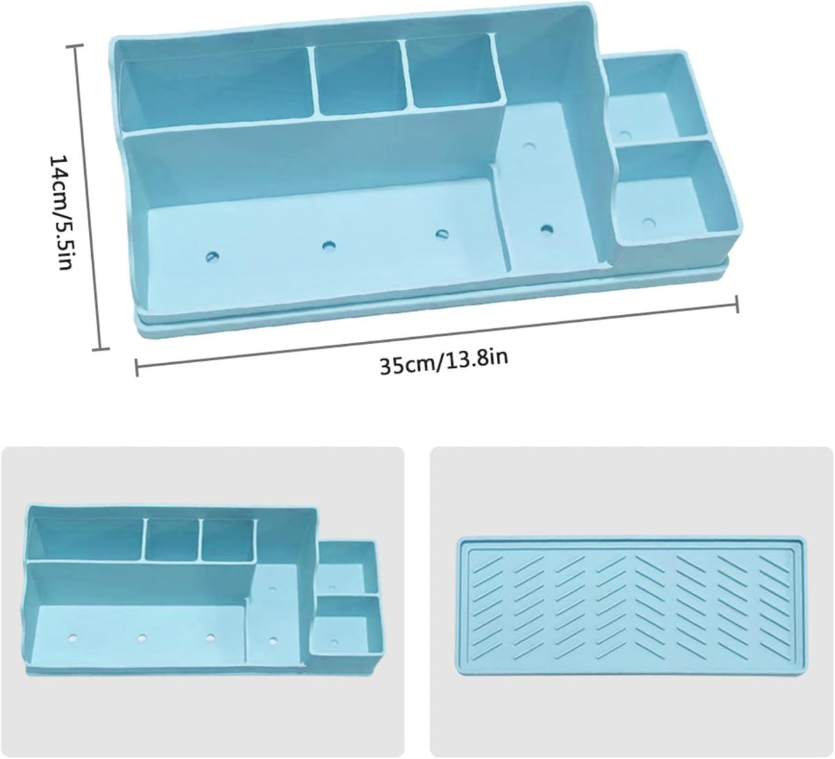 Silicone Multifunctional Bathroom Organizer Countertop,7Compartment Silicone Cosmetics Storage Organizer, Bathroom Countertop Accessories Storage,Toothbrush Stand for Vanity Office Sink, Blue