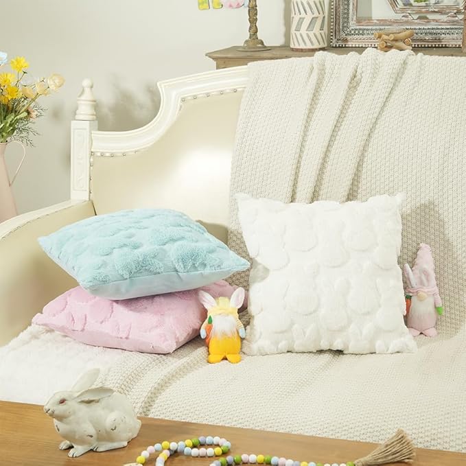GEEORY Easter Bunny Soft Plush Pillow Covers, 20 x 20 Inch Set of 2, Fluffy Faux Fur Wool Decorative Farmhouse Cushion Case for Sofa Home Decoration Pink GC015-20