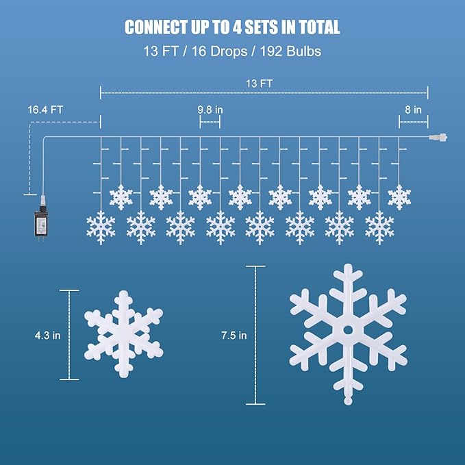 2 Pack 13 Ft 192 LED Snowflake Christmas Icicle Lights with 16 Drops, 8 Modes and Timer, IP65 Waterproof Connectable for Indoor Outdoor House Window, Warm White