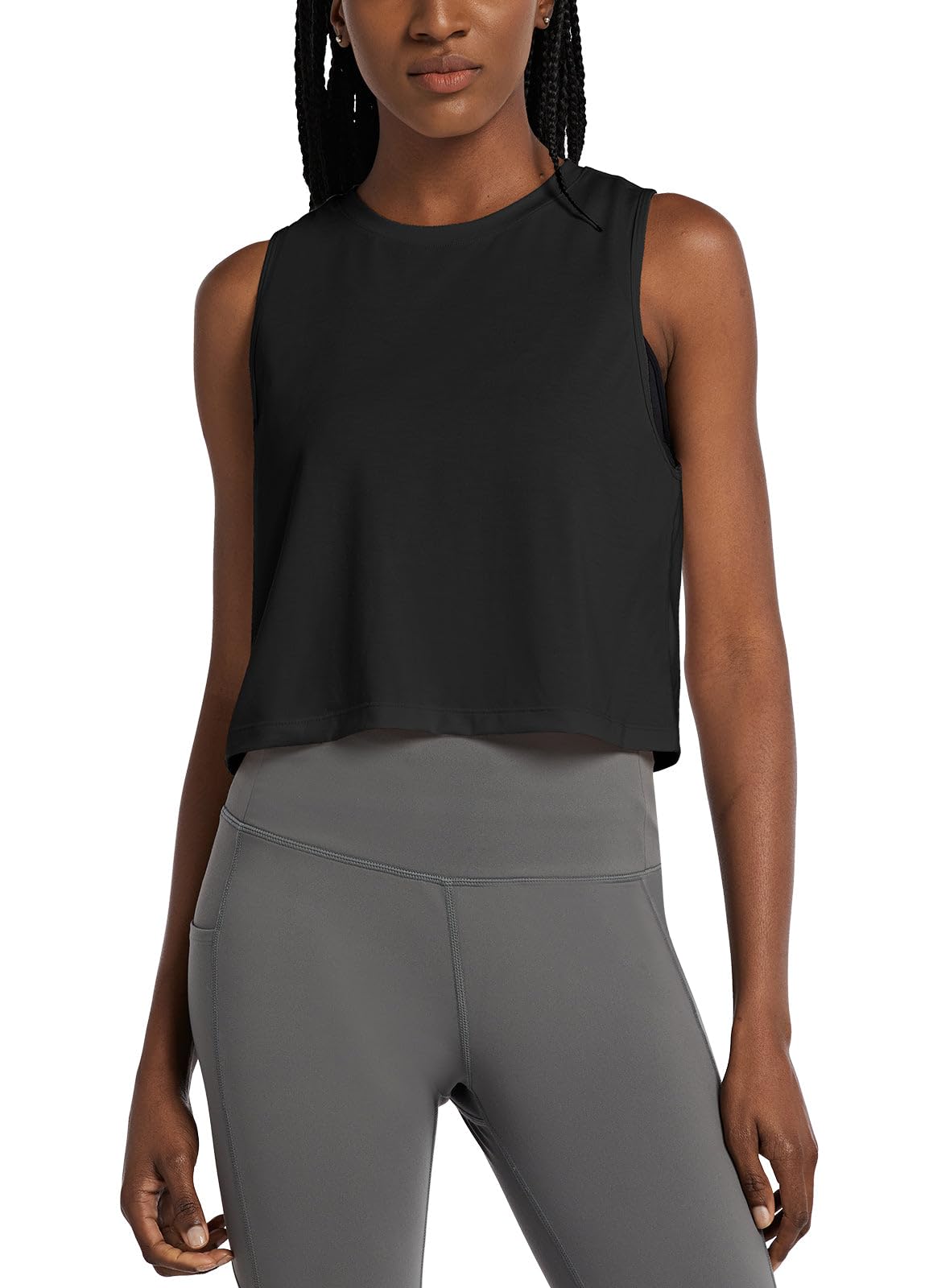 baleaf Workout Tops for Women Crop Tank Top Quick Dry Athletic Gym Exercise Sleeveless Shirts Muscle Yoga Loose Fit Black M