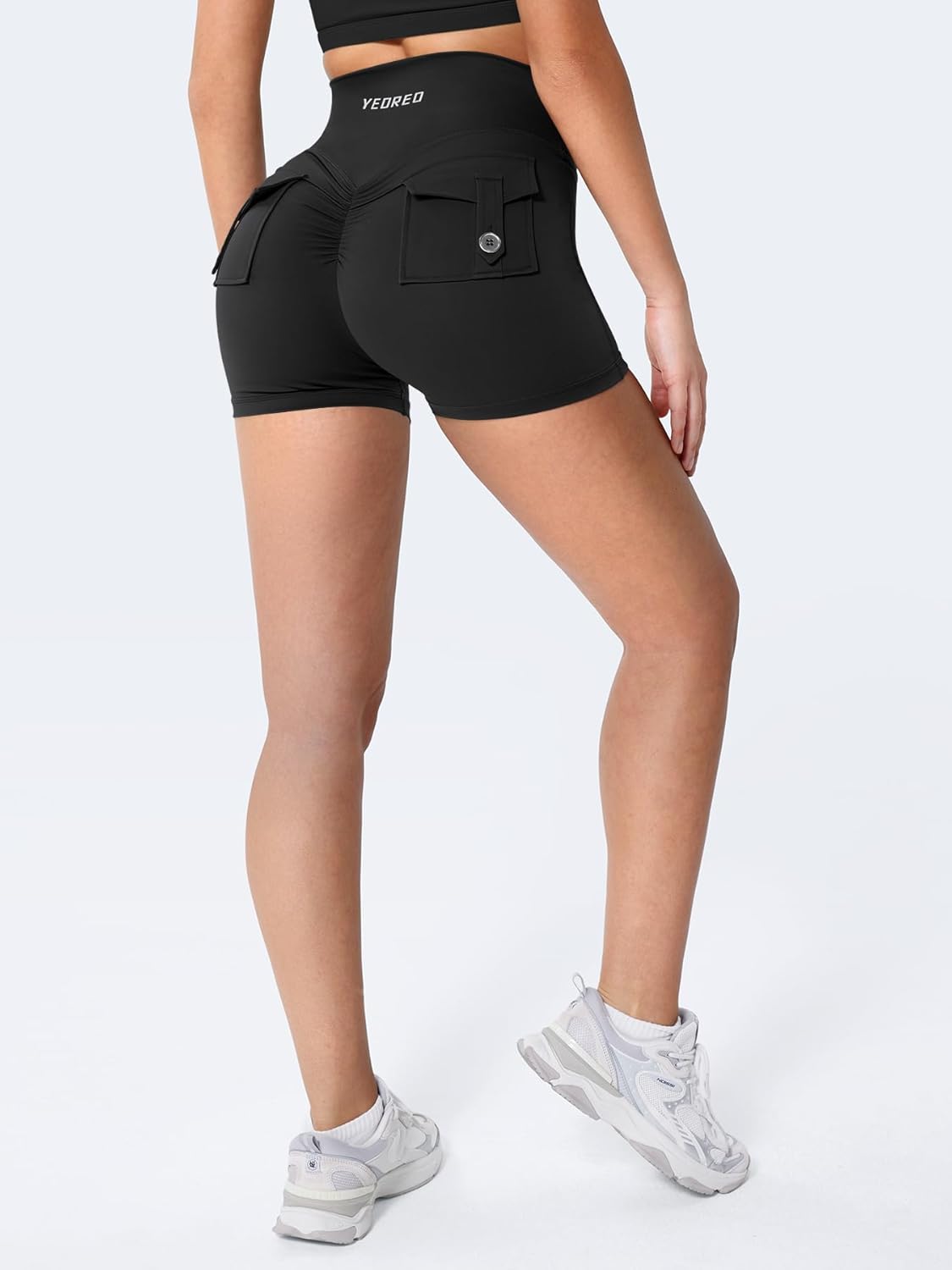 YEOREO CoreFlex Scrunch Workout Shorts - High Waisted Biker Shorts with Pockets for Women