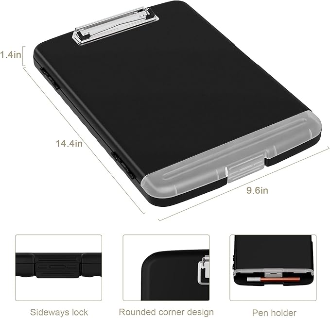 Piasoenc Clipboard with Storage, 8.5 x 11 Organization Box with Pen Holder and A4 Legal Paper Folder, Folio & Side-Opening, Low Profile Clip,for Nurses,Teachers, Size 14 x 9.6 x 1.2 in, Black