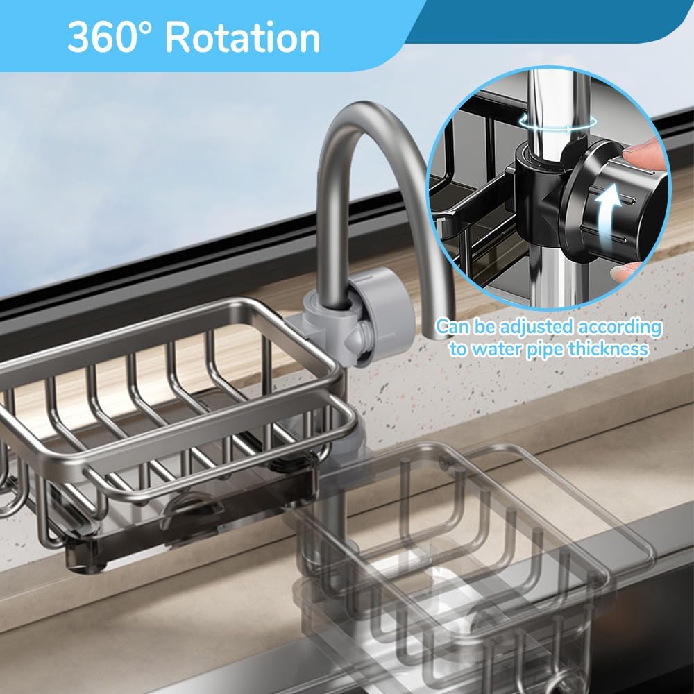Sink Organizer Rack for Kitchen and Bathroom, 2024 New Kitchen Sink Faucet Organizer with Drip Tray Faucet Sponge Holder (Silver, Right)