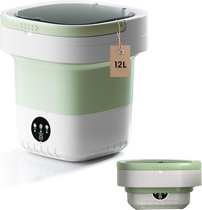 Portable Washing Machine, 7L/12L Upgraded Mini Washing Machine, Suitable for Small Clothes, Foldable Laundry Machine, Ideal for Dorm, Home, Hotel, Camping and Travel (Green, 12L)